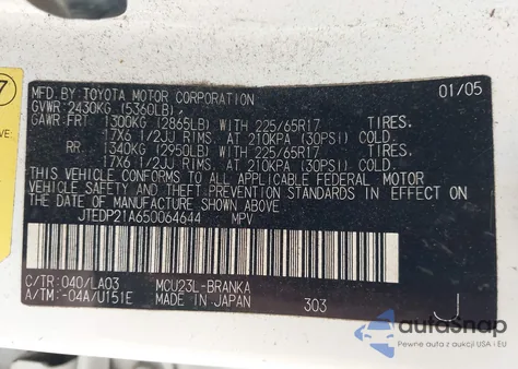 2005 Toyota Highlander Limited V6 z USA, uszkodzony, nr VIN JTEDP21A650064644